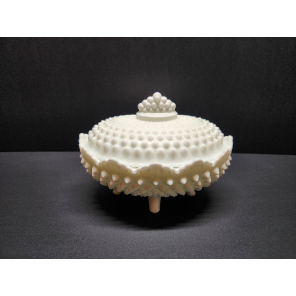 Vintage Fenton Hobnail 4 Footed White Milk Glass Oval Candy Dish With Lid